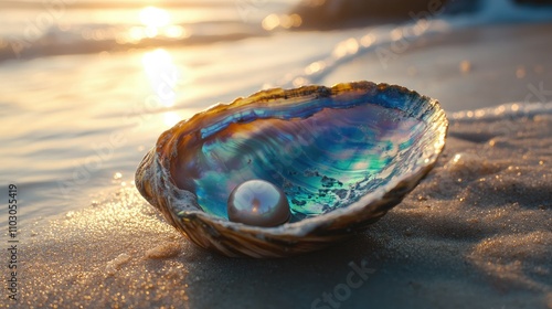 Close-up of an iridescent abalone shell with a pearl nestled inside, resting on the sandy beach at sunset, with soft waves lapping in the background.