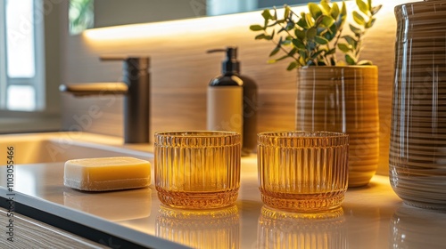 Elegant bathroom countertop showcasing two amber glass containers, a sleek bar of soap, and a stylish plant in a complementary vase. Warm lighting enhances the serene ambiance. photo