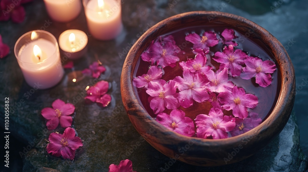 Aromatherapy spa scene with pink flower water in a wooden bowl surrounded by lit candles on a soothing stone tabletop in a serene flat lay view. Aromatherapy spa scene with pink flower water in a wooden bowl surrounded by lit candles on a soothing stone tabletop in a serene flat lay view.