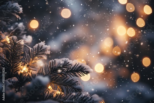 Wallpaper Mural Wintry landscape featuring soft christmas lights and evergreen branches beneath a starlit sky - snowfall and light snowflakes Torontodigital.ca