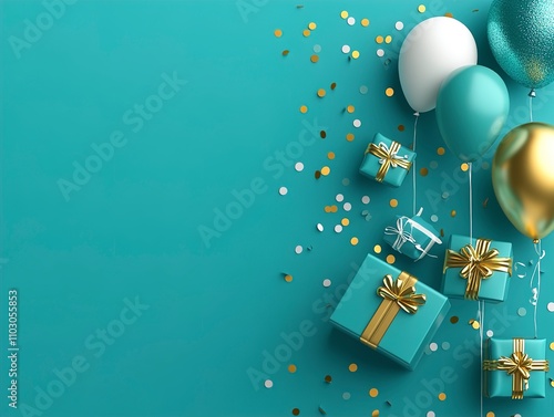 Teal and Gold Celebration Balloons, Gifts, and Confetti on a Pastel Background