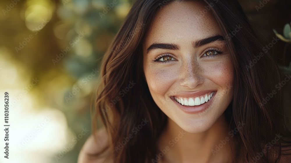 Smiling Woman with Freckles and Long Hair in Natural Setting Smiling Woman with Freckles and Long Hair in Natural Setting