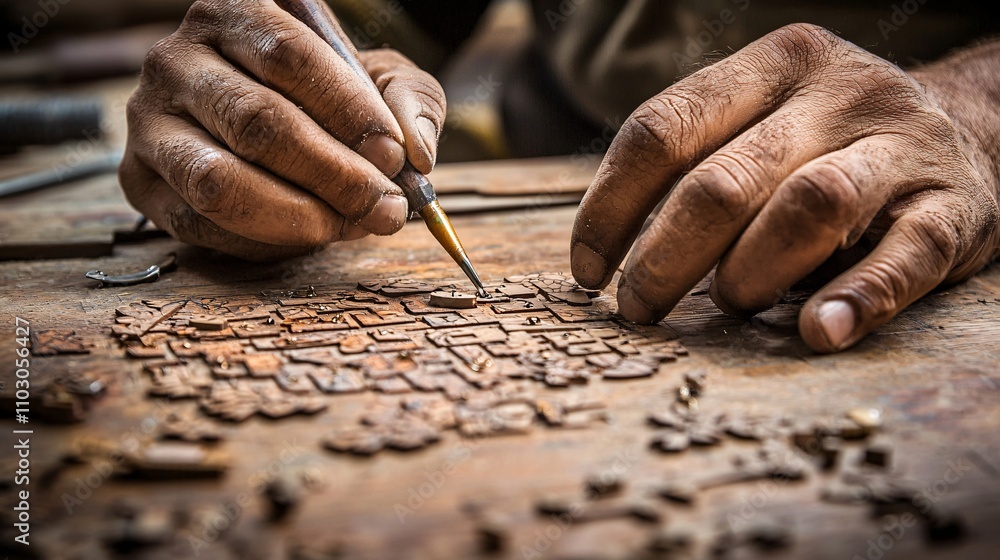 Artisan carving intricate patterns into a wooden jewelry box with focus on details and craftsmanship Artisan carving intricate patterns into a wooden jewelry box with focus on details and craftsmanship