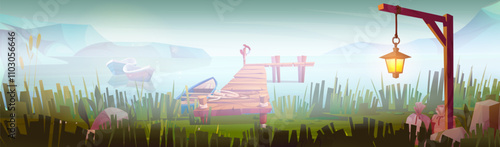 Panoramic misty waterfront scene with wooden pier and fishing boats surrounded by tall grass, glowing lantern on post, distant mountains. Game background of peaceful morning landscape illustration.