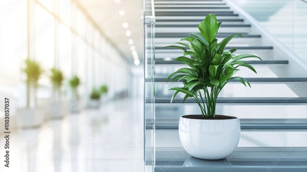 Indoor plants enhancing a sleek staircase in a contemporary office space with abundant natural light and minimalist design elements. Indoor plants enhancing a sleek staircase in a contemporary office space with abundant natural light and minimalist design elements.