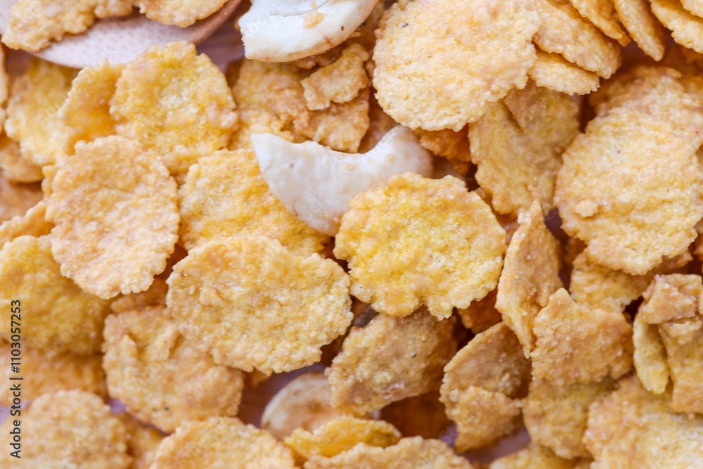Close up Cornflakes pile, Cornflakes background top view Close up Cornflakes pile, Cornflakes background top view