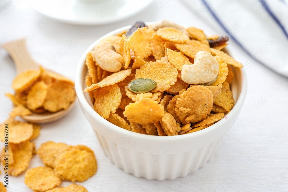 Cornflakes in a white bowl on white background Cornflakes in a white bowl on white background