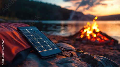 Smartphones charging on a portable solar panel near a glowing campfire at twilight, blending technology and nature.