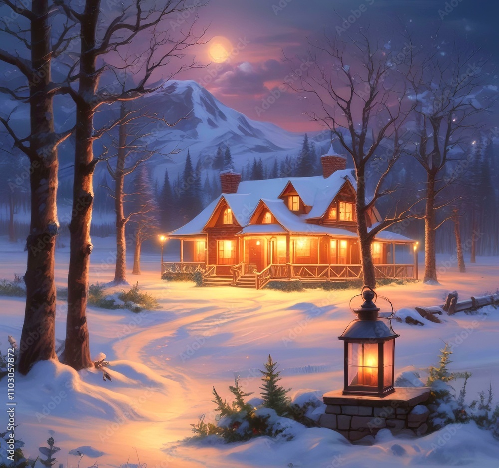 Illustration of glowing and decorative home with winter landscape.