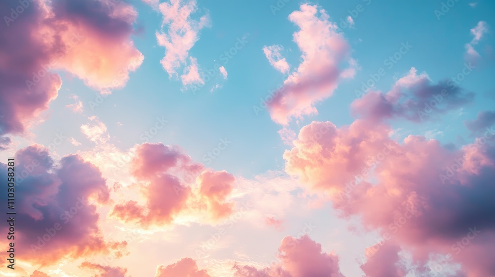 Serene sunset sky showcasing a vibrant blue backdrop filled with fluffy pink clouds, creating a warm pastel color palette for a romantic atmosphere. Serene sunset sky showcasing a vibrant blue backdrop filled with fluffy pink clouds, creating a warm pastel color palette for a romantic atmosphere.