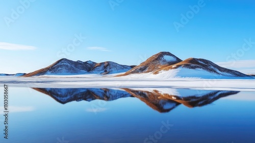 Rich brown chocolate hills mirrored in a serene icy landscape under a bright blue sky with clear reflections on calm water.