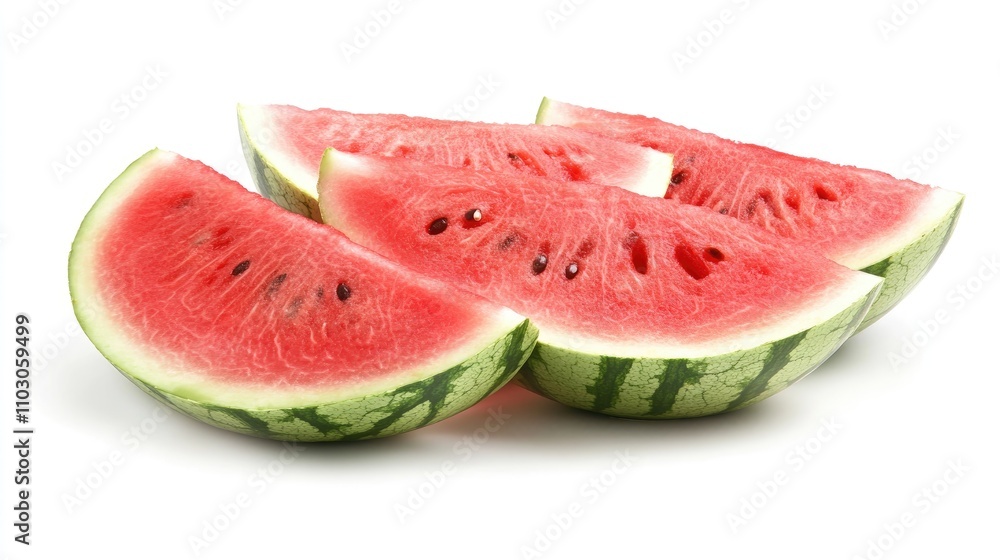 Fresh watermelon slices artfully arranged on a clean white background, showcasing vibrant pink flesh and green-striped rinds with scattered seeds. Fresh watermelon slices artfully arranged on a clean white background, showcasing vibrant pink flesh and green-striped rinds with scattered seeds.