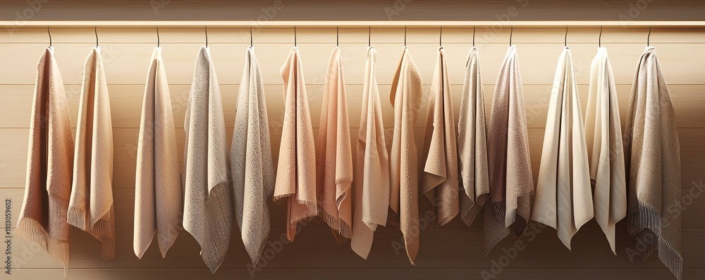 Array of natural-dyed handmade scarves hung in a boutique with an earthy aesthetic and warm tones Array of natural-dyed handmade scarves hung in a boutique with an earthy aesthetic and warm tones