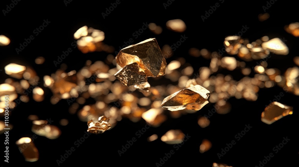 Raw yellow gold pieces suspended in mid-air, creating a captivating visual display of shimmering metal fragments against a dark background. Raw yellow gold pieces suspended in mid-air, creating a captivating visual display of shimmering metal fragments against a dark background.