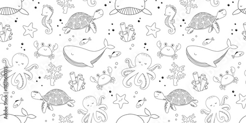 Baby seamless pattern with cute crab, whale and turtle on white background in line style for textiles or fabric for newborns