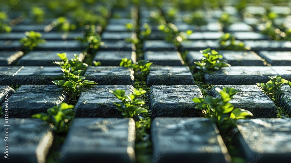 Close-up of sustainable solar panel grid on a biodegradable farm, showcasing textured surfaces interspersed with vibrant greenery and natural elements. Close-up of sustainable solar panel grid on a biodegradable farm, showcasing textured surfaces interspersed with vibrant greenery and natural elements.