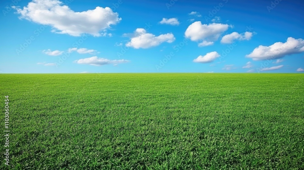 Lush green field under a bright blue sky decorated with fluffy clouds creating a serene summer landscape perfect for outdoor activities. Lush green field under a bright blue sky decorated with fluffy clouds creating a serene summer landscape perfect for outdoor activities.
