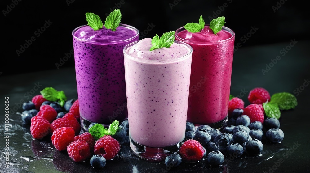 Colorful raspberry and blueberry smoothies in glasses, garnished with fresh mint, surrounded by berries on a dark background. Perfect for a healthy summer treat. Colorful raspberry and blueberry smoothies in glasses, garnished with fresh mint, surrounded by berries on a dark background. Perfect for a healthy summer treat.