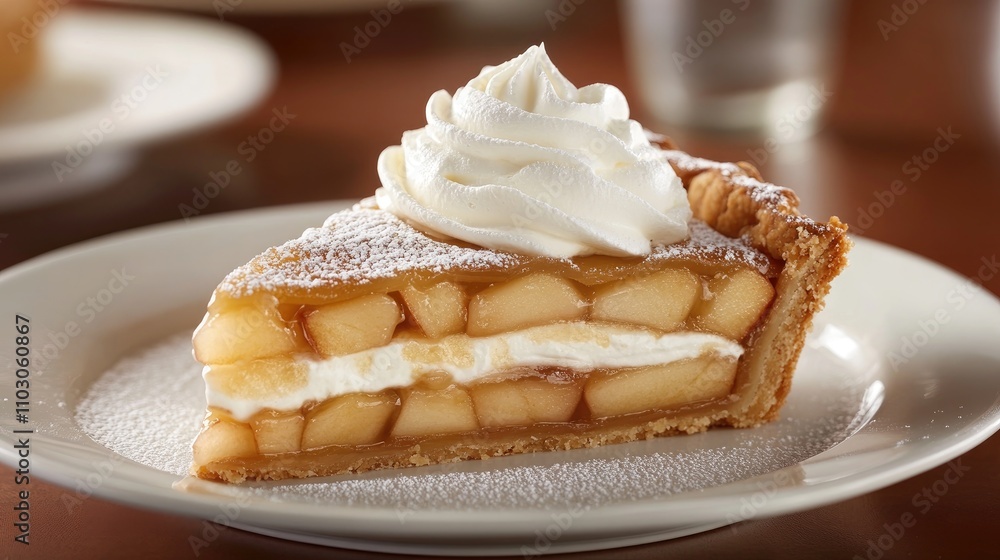 Slice of apple cake with creamy whipped topping on a flaky crust, showcasing tender apple filling and dusted with powdered sugar. Slice of apple cake with creamy whipped topping on a flaky crust, showcasing tender apple filling and dusted with powdered sugar.
