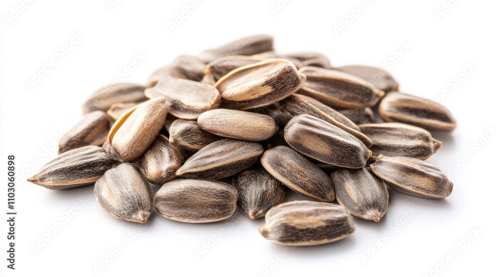 Freshly shelled sunflower seeds arranged in a neat pile on a pristine white background, highlighting their textured shells and natural tones. Freshly shelled sunflower seeds arranged in a neat pile on a pristine white background, highlighting their textured shells and natural tones.