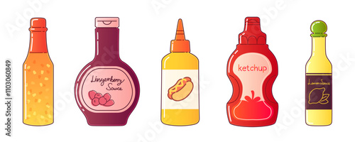 Spice bottle for food. Seasoning dressing jar cartoon vector. Hot mustard and lingonberry flavor cute drawing packaging design. Different salad ingredients with label illustration set. Lemon dip