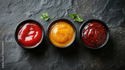 Three bowls of sauces including spicy chili sauce, tomato ketchup, and chili puree arranged on a dark stone background with fresh herbs. photo