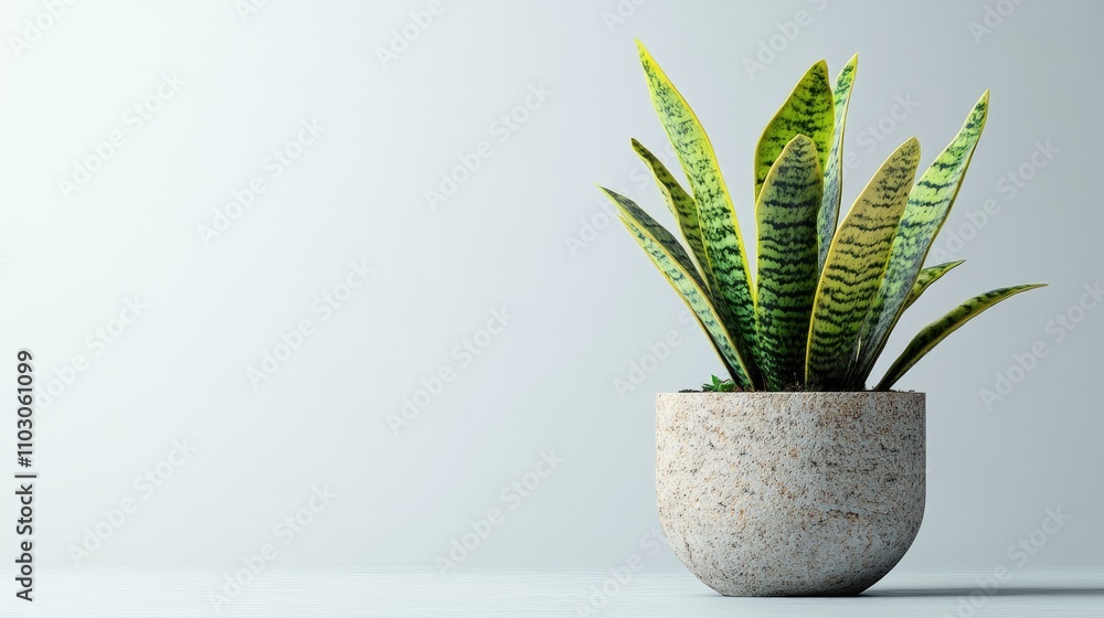 Front view of a vivid rattlesnake plant with striking green and yellow patterned leaves, elegantly arranged in a light, textured pot against a minimalistic white background. Front view of a vivid rattlesnake plant with striking green and yellow patterned leaves, elegantly arranged in a light, textured pot against a minimalistic white background.