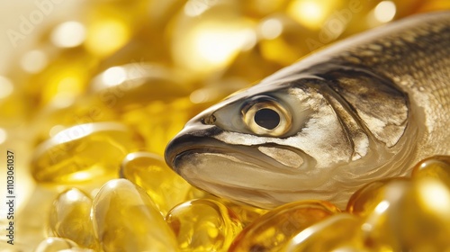 Salmon close-up with fish oil capsules emphasizing omega-3 fatty acids, showcasing health benefits and essential nutrients like EPA and DHA. photo