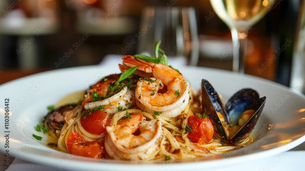 A delicate Italian seafood creation on a white plate, paired with a glass of white wine and modern restaurant decor A delicate Italian seafood creation on a white plate, paired with a glass of white wine and modern restaurant decor