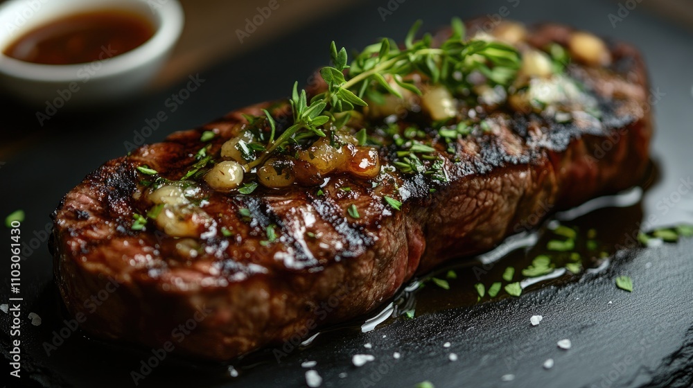 Juicy grilled steak generously topped with a rich sauce and fresh herbs, beautifully arranged on a sleek black plate for a sophisticated dining experience. Juicy grilled steak generously topped with a rich sauce and fresh herbs, beautifully arranged on a sleek black plate for a sophisticated dining experience.