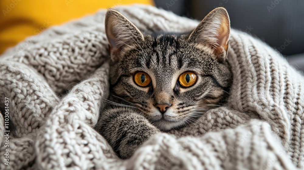 Tabby cat with striking amber eyes nestled in a cozy knitted blanket on a couch, staring directly at the camera with a calm expression. Tabby cat with striking amber eyes nestled in a cozy knitted blanket on a couch, staring directly at the camera with a calm expression.