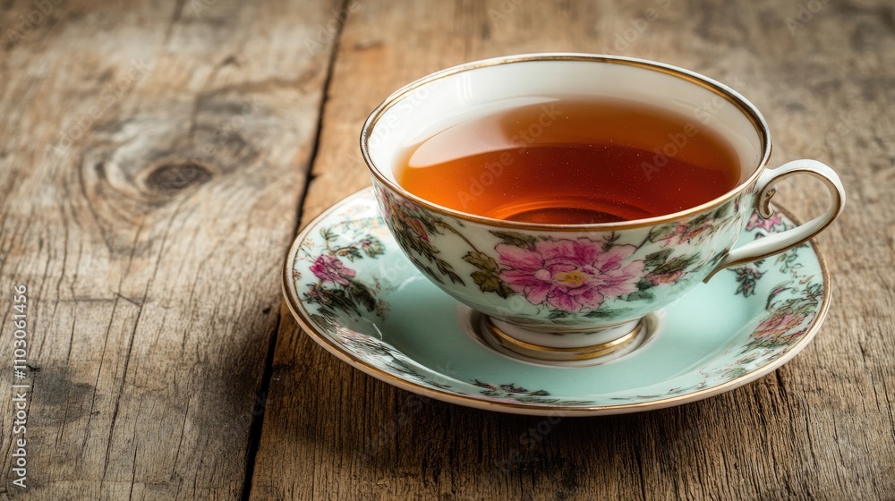 Elegant floral teacup with saucer resting on rustic wooden table, showcasing rich amber tea and creating space for personalized text or messages. Elegant floral teacup with saucer resting on rustic wooden table, showcasing rich amber tea and creating space for personalized text or messages.