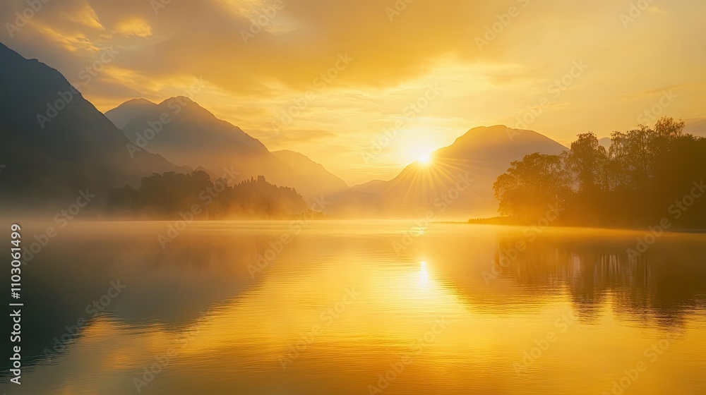 A tranquil lake at sunrise, golden light shimmering on the water's surface, framed by misty mountains in the background A tranquil lake at sunrise, golden light shimmering on the water's surface, framed by misty mountains in the background