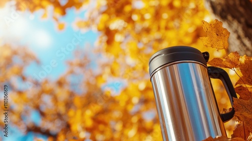 Stainless steel thermos with a black lid nestled among vibrant autumn leaves showcases outdoor adventure and picnic themes against a blue sky backdrop. photo