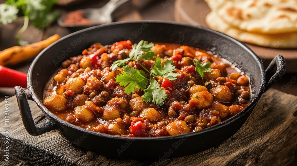 Vibrant spicy Indian fried curry with chickpeas garnished in coriander, accompanied by fluffy bhature on a rustic wooden table Vibrant spicy Indian fried curry with chickpeas garnished in coriander, accompanied by fluffy bhature on a rustic wooden table