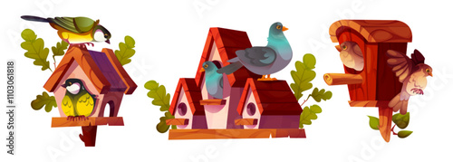 Cute bird house cartoon. Sparrow and pigeon home for garden isolated vector illustration set. Wooden birdhouse art for titmouse family. Oak leaves and wood animal nest element for outdoor in park.