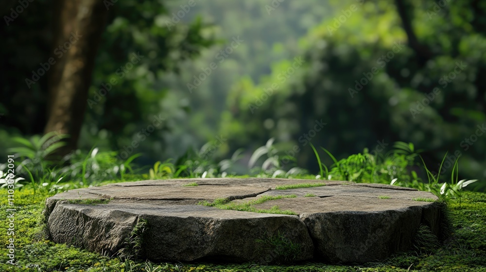 Natural stone podium table set on a lush grassy area, surrounded by a vibrant green tropical forest, perfect for displaying organic and healthy products. Natural stone podium table set on a lush grassy area, surrounded by a vibrant green tropical forest, perfect for displaying organic and healthy products.