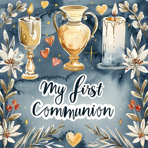 My first communion, written in stylish typography with subtle heart accents. card with pyx and holy rosary, chalice, host and lily flowers photo