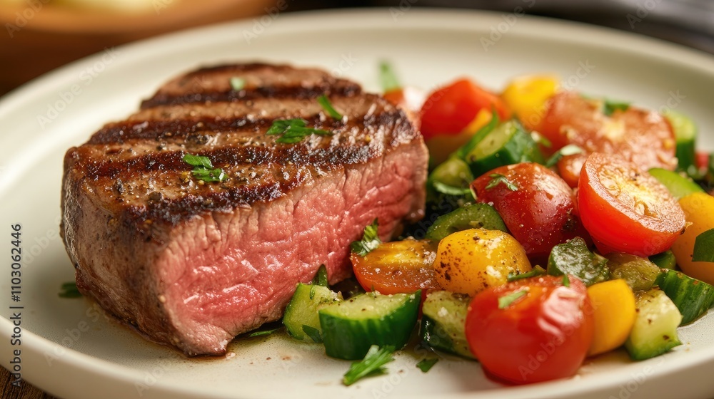 Grilled tender veal steak accompanied by a colorful medley of fresh cherry tomatoes, cucumbers, and herbs on a white plate Grilled tender veal steak accompanied by a colorful medley of fresh cherry tomatoes, cucumbers, and herbs on a white plate