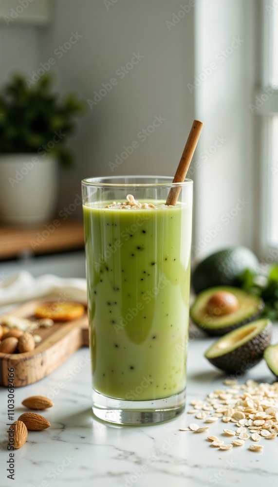 Healthy green avocado smoothie with oats and almonds in a glass tumbler on modern kitchen counter Healthy green avocado smoothie with oats and almonds in a glass tumbler on modern kitchen counter