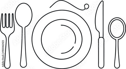 line drawing of dinner concept, plate with fork, knife and spoon