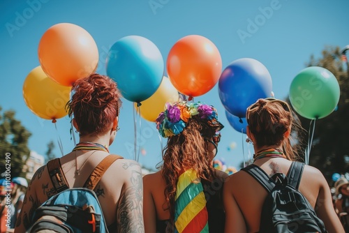 Three friends with colorful balloons celebrating outdoors photo