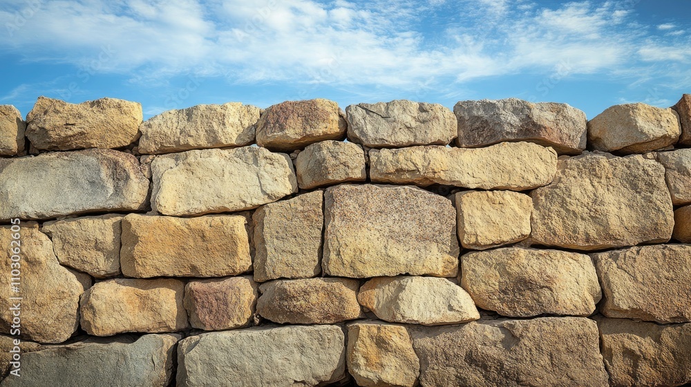 Rustic stone brick wall against a clear blue sky, showcasing the texture and colors of aged stones, set in a serene desert landscape. Rustic stone brick wall against a clear blue sky, showcasing the texture and colors of aged stones, set in a serene desert landscape.