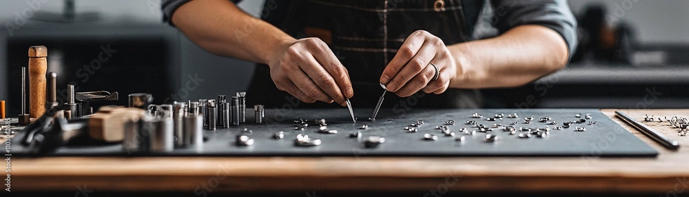 Handmade jewelry creation, workspace filled with delicate tools, artisan soldering intricate designs, glowing with creativity Handmade jewelry creation, workspace filled with delicate tools, artisan soldering intricate designs, glowing with creativity