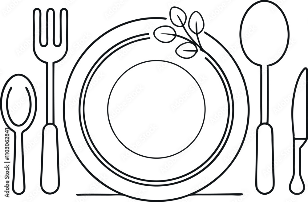 line drawing of dinner concept, plate with fork, knife and spoon line drawing of dinner concept, plate with fork, knife and spoon