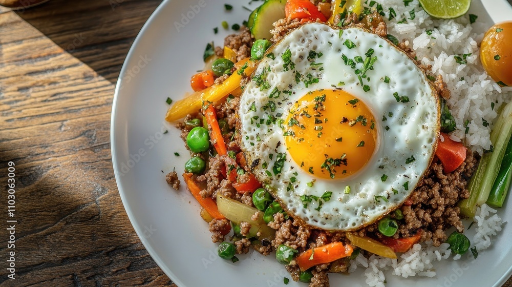 Stir-fried dish with ground meat and fresh vegetables topped with a sunny side up egg served over fluffy rice on a white plate. Stir-fried dish with ground meat and fresh vegetables topped with a sunny side up egg served over fluffy rice on a white plate.