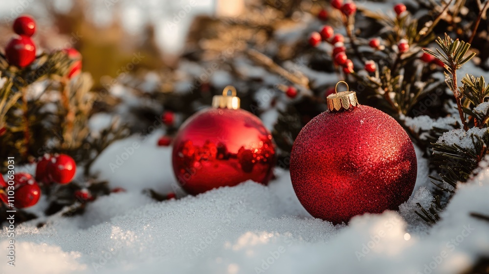 Obraz premium Glossy red Christmas baubles nestled in fresh snow alongside green foliage and berries, creating a festive winter atmosphere.