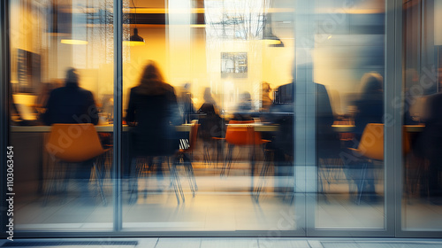 Blurred office with people working behind glass wall photo