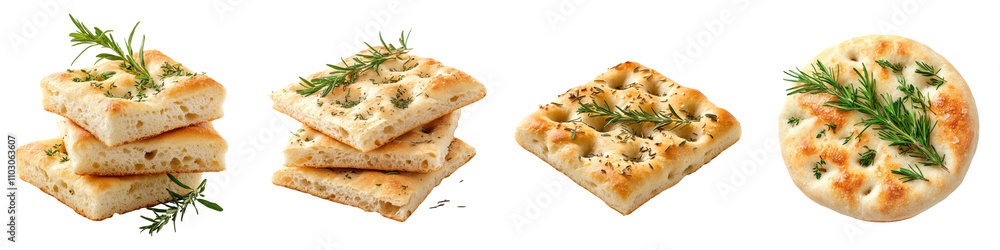 Italian focaccia bread with herbs, isolated on white background. Collection PNG. Italian focaccia bread with herbs, isolated on white background. Collection PNG.