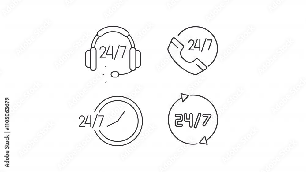 24 by 7 support animation set. Customer guidance animated line icons. Call service, assistance. Black illustrations on white background. HD video with alpha channel. Motion graphic 24 by 7 support animation set. Customer guidance animated line icons. Call service, assistance. Black illustrations on white background. HD video with alpha channel. Motion graphic